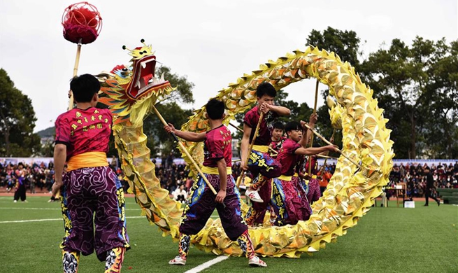 Dragon and lion dance competition held in S China's Guangxi