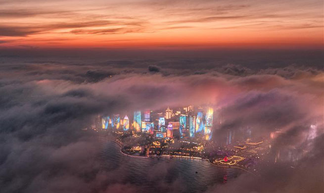 Aerial view of advection fog above Qingdao in east China's Shandong