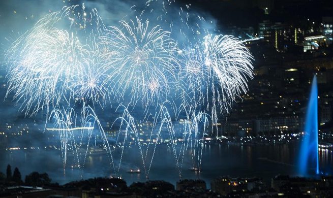 Fireworks illuminate sky during Geneva Festival in Switzerland
