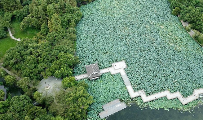 Aerial view of West Lake scenic area in Hangzhou, E China's Zhejiang