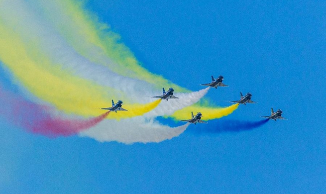 Chinese PLA Air Force's August 1st aerobatics team performs at Army 2018 Int'l Military and Technical Forum