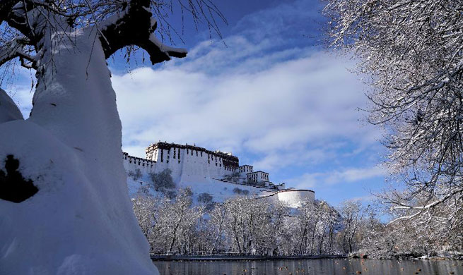 Lhasa of SW China's Tibet witnesses first snow