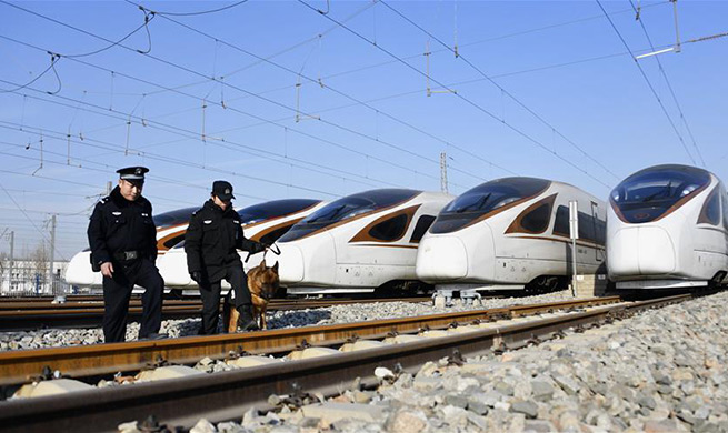 Railway policemen work to ensure safety for Spring Festival travel rush in Beijing
