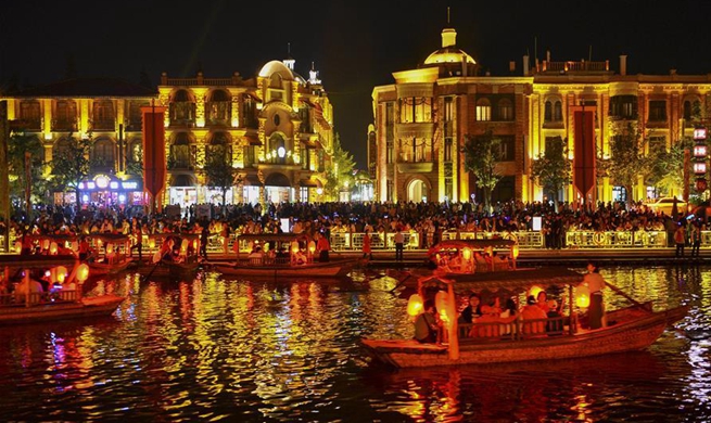 Night view of ancient town of Taierzhuang in China's Shandong