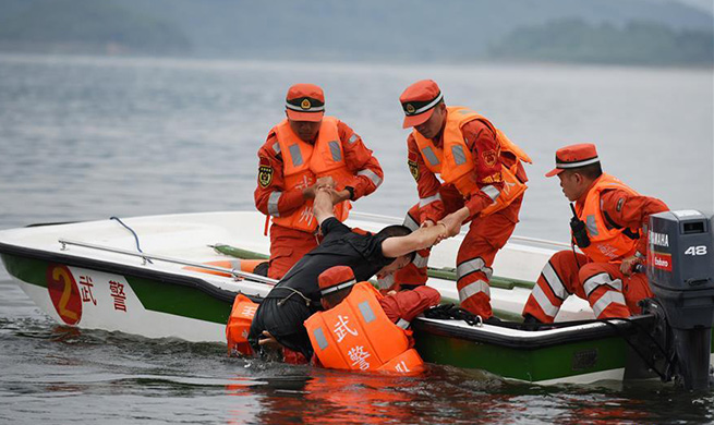 Flood control and relief drill conducted on Hongfeng Lake in China's Guizhou