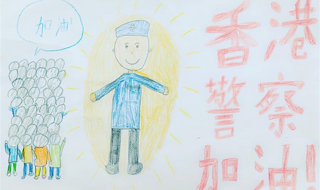 Children draw paintings to express support for Hong Kong police