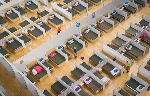 Interior view of temporary hospital converted from Wuhan Sports Center