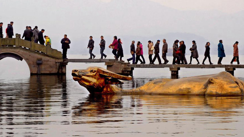 Ox-themed statues seen during Chinese Lunar New Year