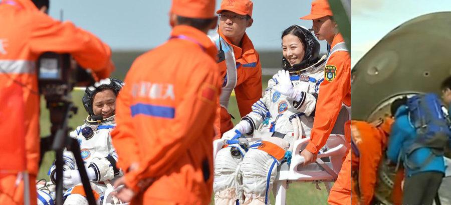 Astronauts come out of re-entry module