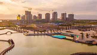 Yuehaiwan central business district seen at sunset in Yinchuan