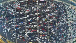 Aerial shots of Beijing highway traffic jam