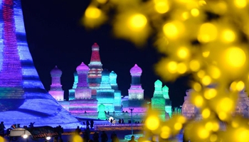 Tourists view shimmering ice sculptures in China's Harbin