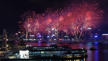 Spring Festival celebrated with fireworks over Victoria Harbour in Hong Kong