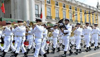 Soldiers march during commemoration for Portugal Day in Lisbon