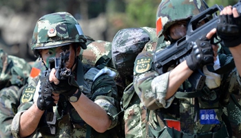 Armed police soldiers hold training sessions at Mountain Tai in China's Shandong