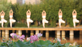 People practise yoga at park in C China's Henan