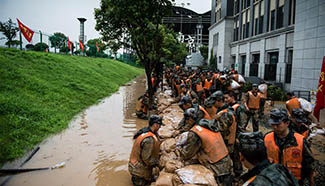Temporary dyke built to stop flood in Nanjing, China's Jiangsu