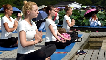Fans practice Yoga at lotus culture park in SE China's Fujian