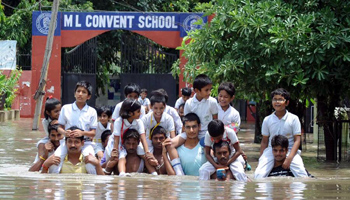 School trapped by flood after continuous rainfall in Uttar Pradesh, India