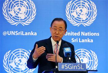 Ban Ki-moon speaks at press conference in Colombo