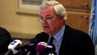 Stephen O'Brien speaks during press conference in Amman, Jordan
