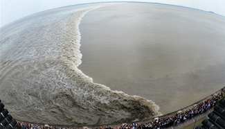 People watch tide of Qiantang River in east China
