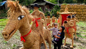 Tourists visit scarecrow exhibition in central China's wetland park