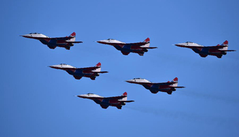Jet fighters MiG-29 of Russian aerobatic team arrive at Zhuhai airport