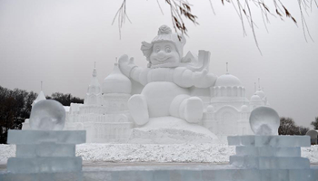 34-meter-tall snowman seen at Int'l Snow Sculpture Art Expo in China's Harbin