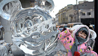 Tourists pose for photos before ice sculpture, NE China