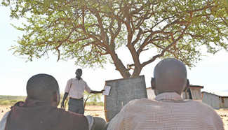 Students study in "classroom" under tree in Kenya