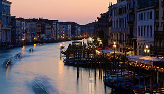 Dusk view of Venice's Grand Canal in Venice, Italy