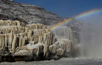 Icicles, rainbow seen at Hukou Waterfall