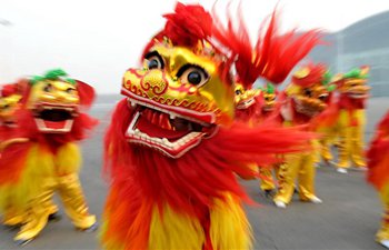 Folk artists practise lion dance to greet Chinese Spring Festival
