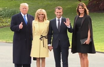 U.S. President Donald Trump welcomes France's Emmanuel Macron at White House