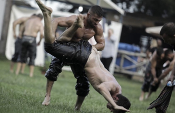 Traditional oil wrestling competition held in Greek village of Sohos