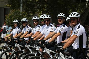Daily life of Greek bicycle police team in Athens