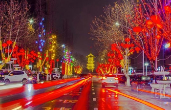Streets decorated with colorful lights and red lanterns in Suqian of Jiangsu