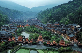 Aerial view of Dong village of Zhaoxing in SW China's Guizhou