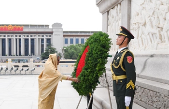 Bangladeshi PM lays wreath at Monument to the People's Heroes in Beijing
