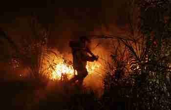 Firefighters try to extinguish peatland fire in Riau, Indonesia