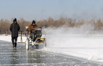 Workers collect ice from Songhua River for upcoming snow festival in Harbin