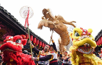 Dragon and lion dance celebrates upcoming Spring Festival in Nanchong, SW China