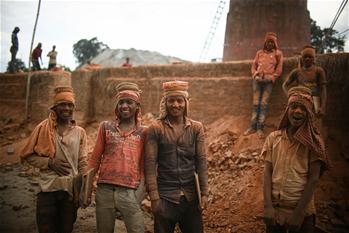 People work at brick factory in Bhaktapur, Nepal