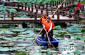 Volunteers clear up pond to secure pleasant environment in Zhejiang