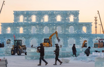 Workers work at construction site of Harbin Ice-Snow World