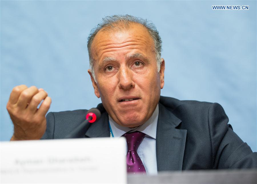 Ayman Gharaibeh, representative in Yemen of the office of the United Nations High Commissioner for Refugees (UNHCR), addresses the media on the humanitarian situation in Yemen, in Geneva, Switzerland, on Feb. 17, 2017. 