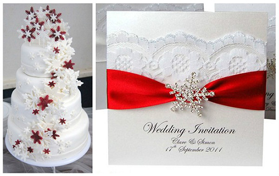 雪是冬季的符号，也是圣诞节的标志性特色。红白双色雪花蛋糕既映照了冬日的寒冷和婚礼的庄重，又衬托出新人结成连理的喜庆与温暖。红色丝带搭配雪花作为婚礼邀请函的装饰表现出轻快祥和的风格，可以为婚礼提前渲染出节日气氛。