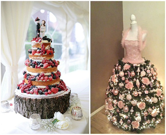 圣诞树算的上是圣诞节的主角，但是作为婚礼中的圣诞元素，切不能喧宾夺主。仿树木的婚礼蛋糕和圣诞树造型婚服都是不错的选择，既可以让人眼前一亮，又不会成为婚礼的主角，抢了新人的风采。