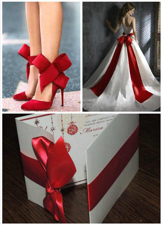 作为圣诞必不可少的元素之一——红色蝴蝶结，本就象征着青春和浪漫，圣诞婚礼中的新娘们当然不能错过。无论作为鞋带、裙带、还是邀请卡上的装饰品都为婚礼平添了一丝浪漫的少女情怀。